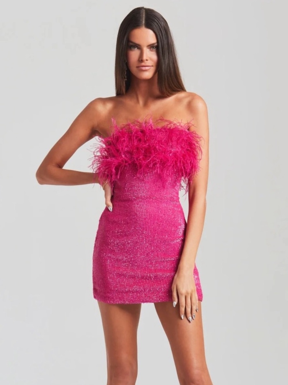 Retrofete Hot Pink Strapless Feathered Mini Dress